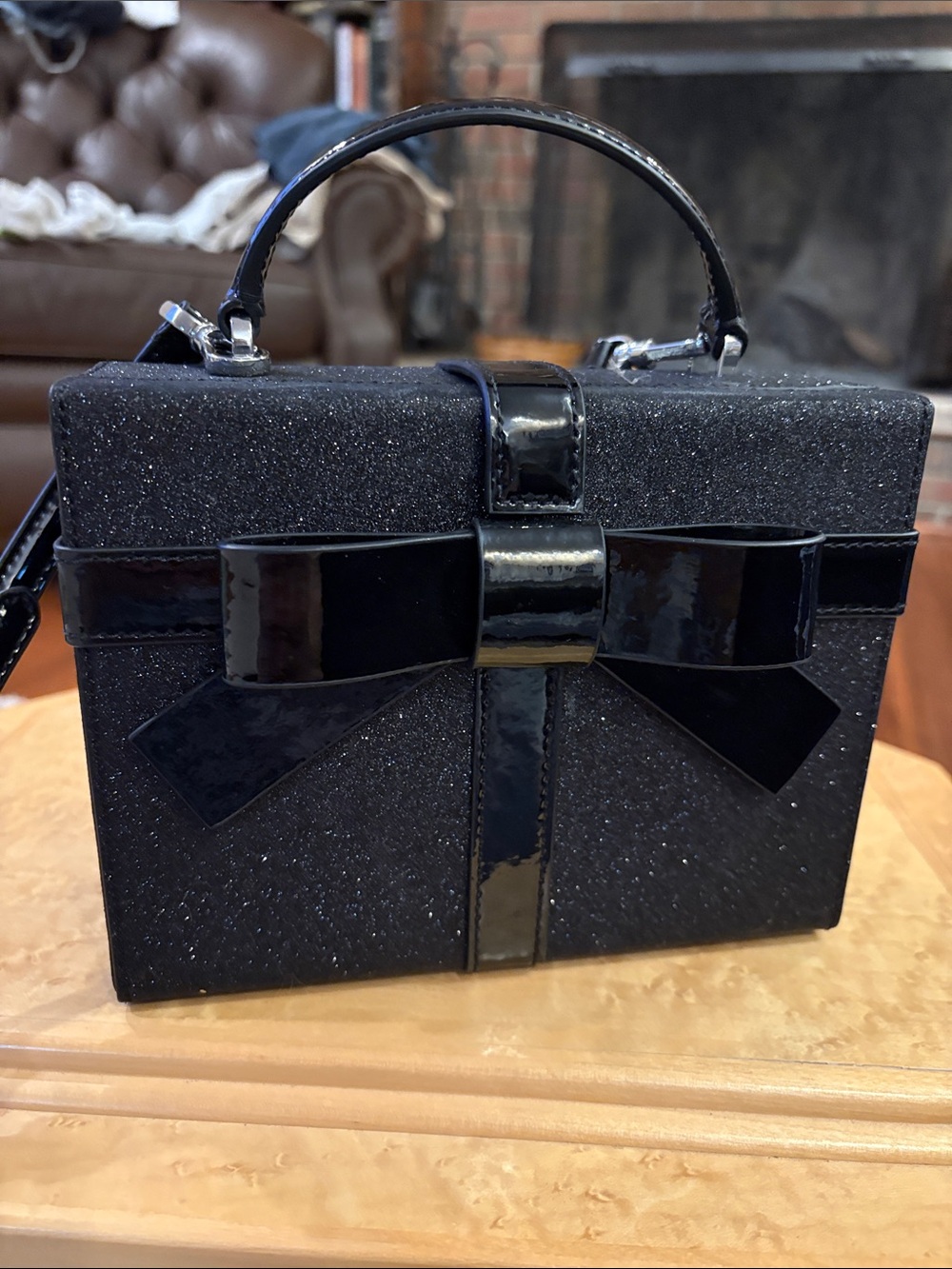 kate spade Black Glitter Mini Box Bag with Patent Bow